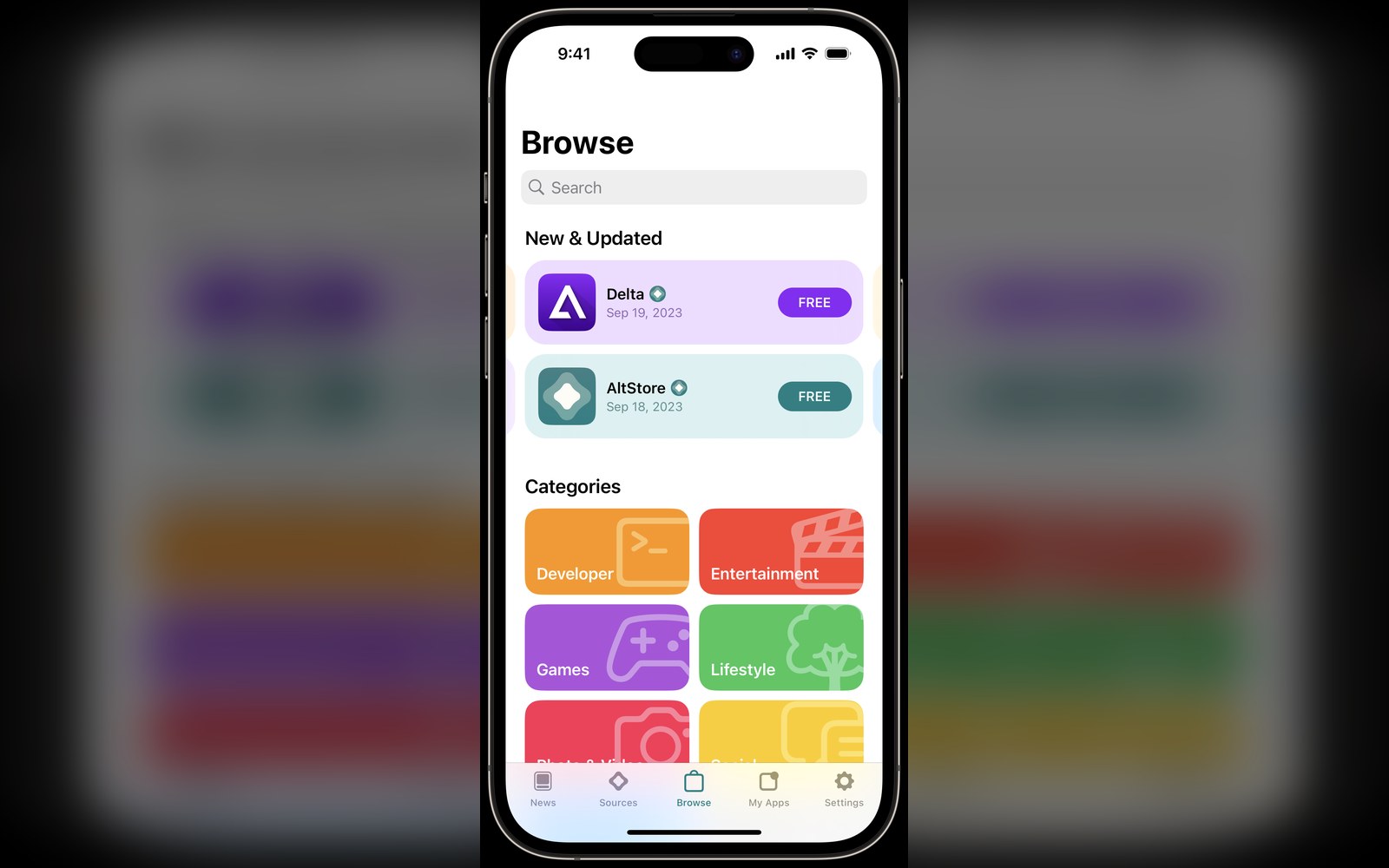 iPhone screen showing the AltStore browse tab with Delta and AltStore app listings