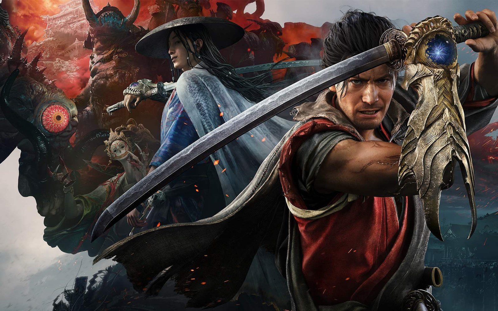 Warriors wielding a katana and firearm stand before demonic creatures in a fantasy battle scene